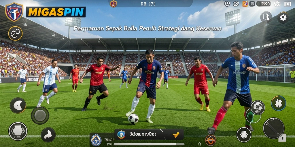 Tampilan gameplay <strong>MIGASPIN</strong> menampilkan aksi menarik di lapangan sepak bola.