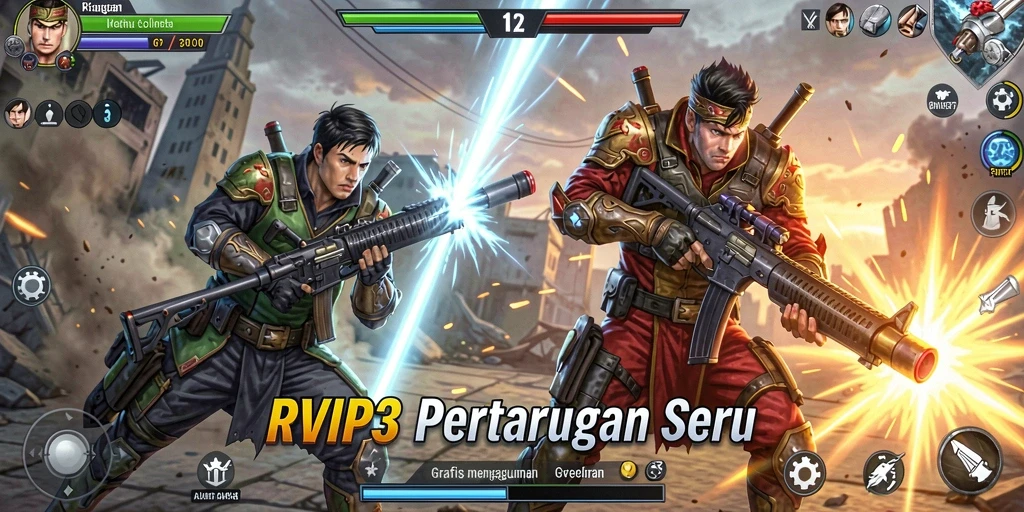 Screenshot utama menampilkan pertarungan seru di RVIP3 dengan grafis realistis.