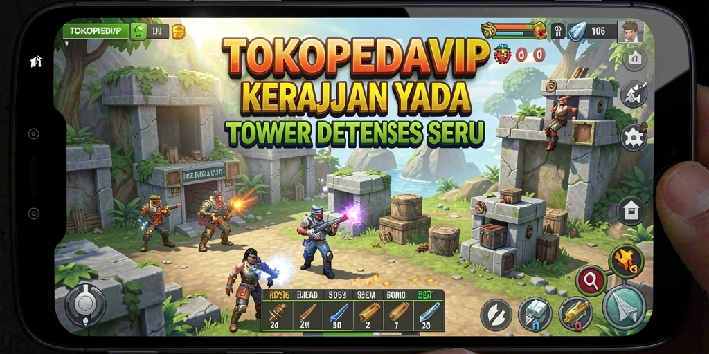 Tangkapan layar gameplay TOKOPEDIAVIP menampilkan pertahanan menara yang strategis.