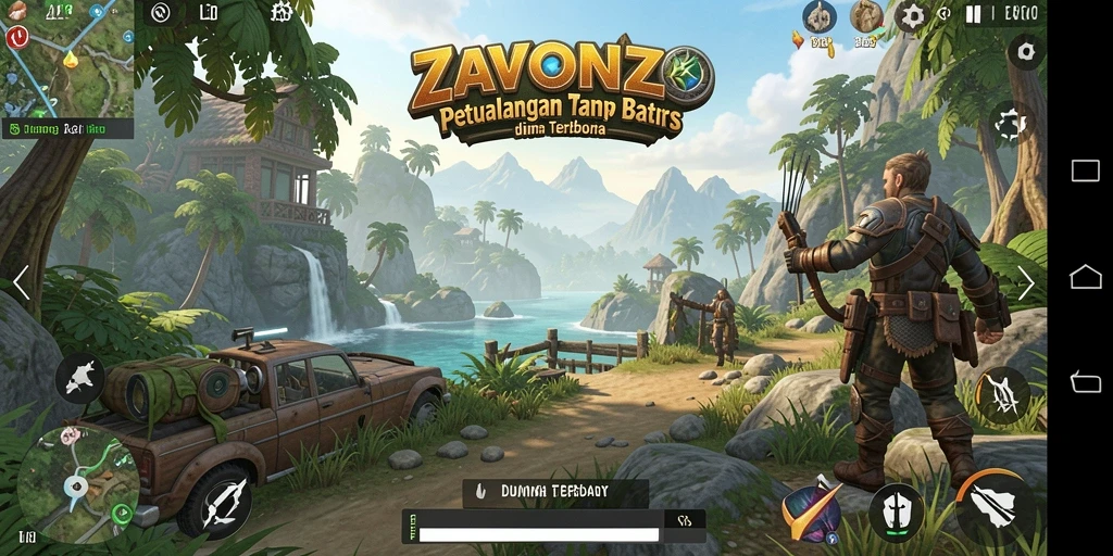 Tangkapan layar ZAVONZO menampilkan aksi eksplorasi di dunia terbuka yang luas.